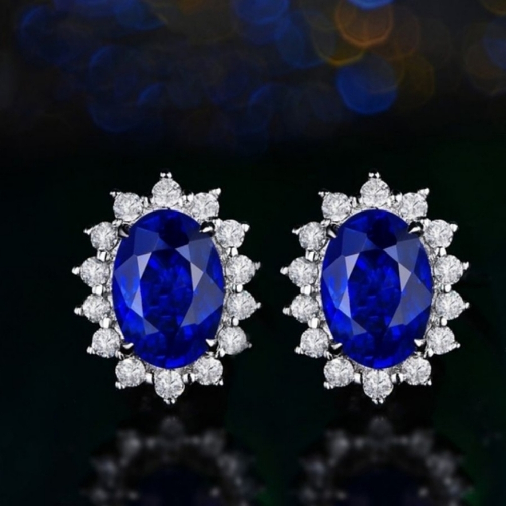 Blue Oval Shape Lab Sapphire Stud Earrings for Women